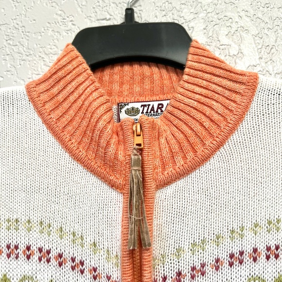 Tiara International Peach White Classic Knitted Front Zip mock Casual Sweater - Picture 3 of 9